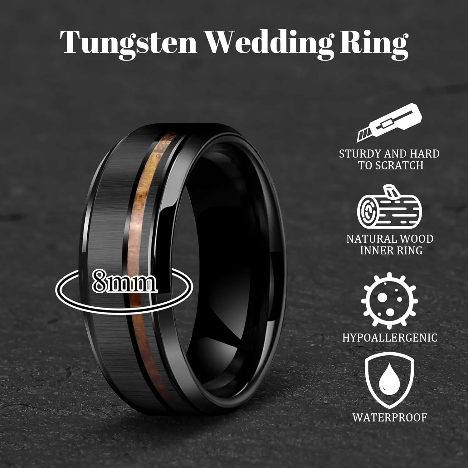 Mens Wedding Band Tungsten Rings: 8mm Black Tungsten Rings for Men Wood Wedding Ring Band for Man - Silver Ring for Men Wedding Bands for Women Wood Promise Rings for Him