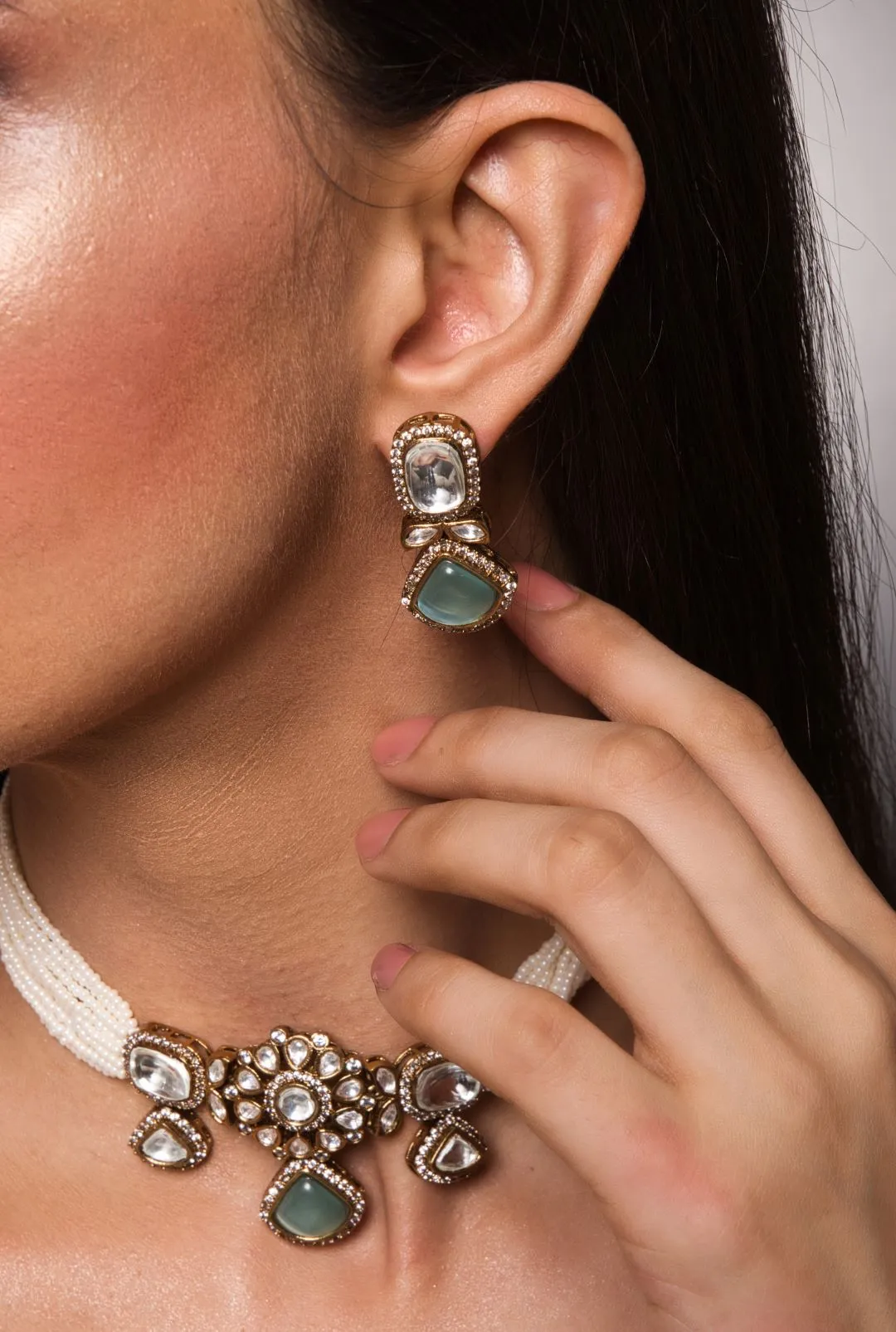 Mint Green Kundan & White Pearls Choker Set with Earrings