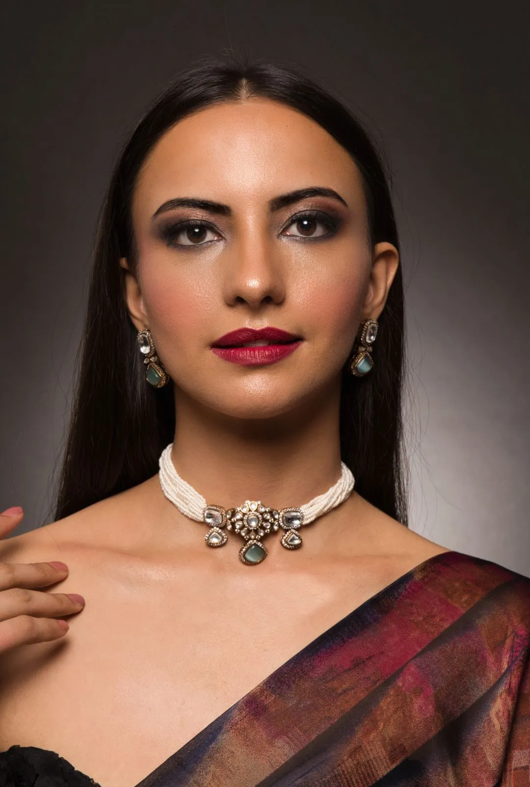 Mint Green Kundan & White Pearls Choker Set with Earrings
