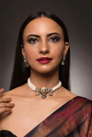 Mint Green Kundan & White Pearls Choker Set with Earrings