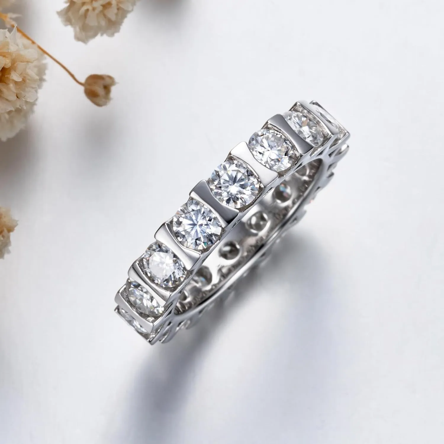 Moissanite Eternity Ring 4.0 mm D color VVS 5 CTTW Moissanite Bezel set Eternity Wedding Band for Women Platinum-Plated Silver Anniversary Engagement Stacking Rings