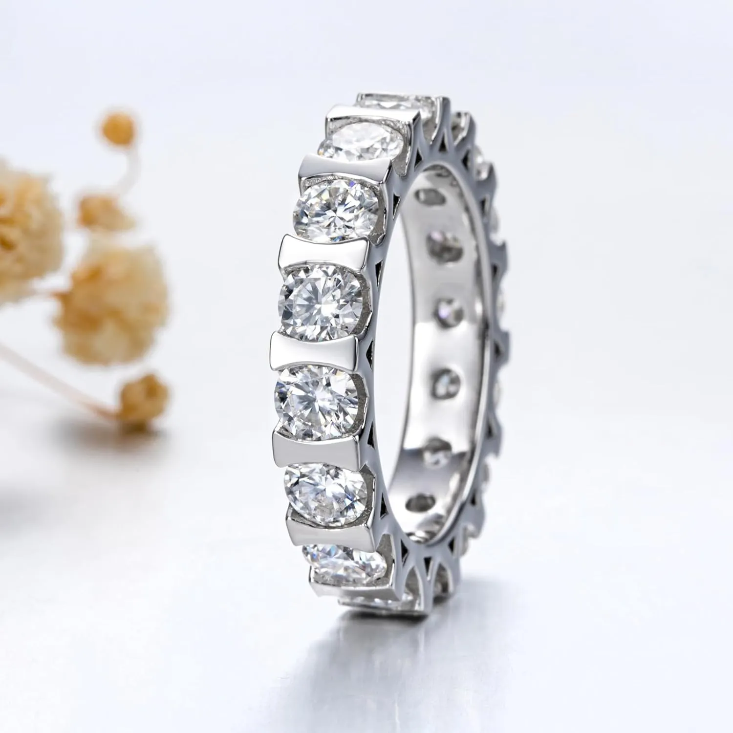 Moissanite Eternity Ring 4.0 mm D color VVS 5 CTTW Moissanite Bezel set Eternity Wedding Band for Women Platinum-Plated Silver Anniversary Engagement Stacking Rings