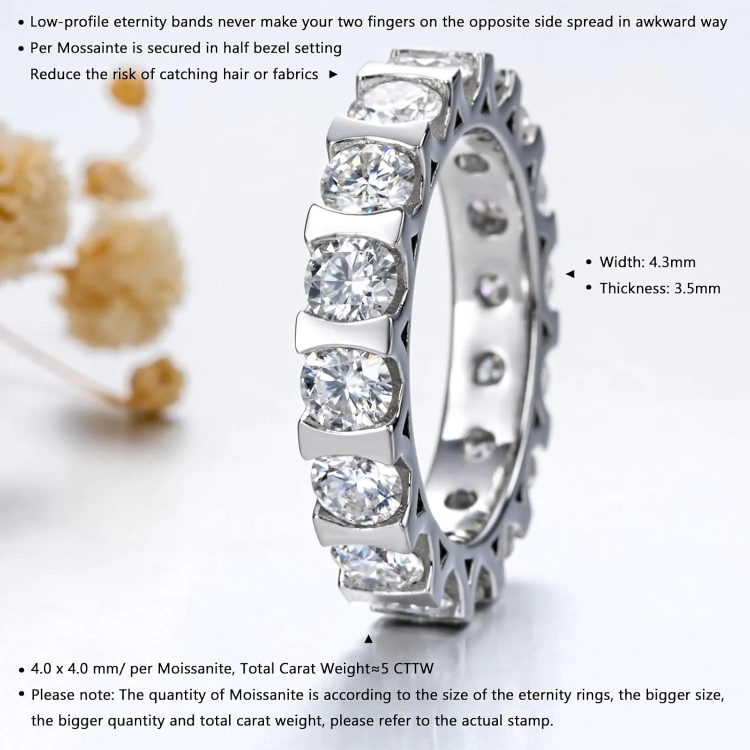 Moissanite Eternity Ring 4.0 mm D color VVS 5 CTTW Moissanite Bezel set Eternity Wedding Band for Women Platinum-Plated Silver Anniversary Engagement Stacking Rings