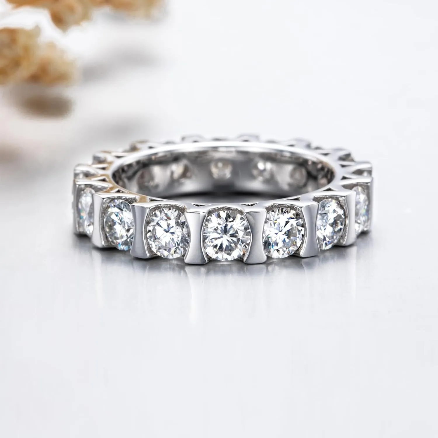 Moissanite Eternity Ring 4.0 mm D color VVS 5 CTTW Moissanite Bezel set Eternity Wedding Band for Women Platinum-Plated Silver Anniversary Engagement Stacking Rings