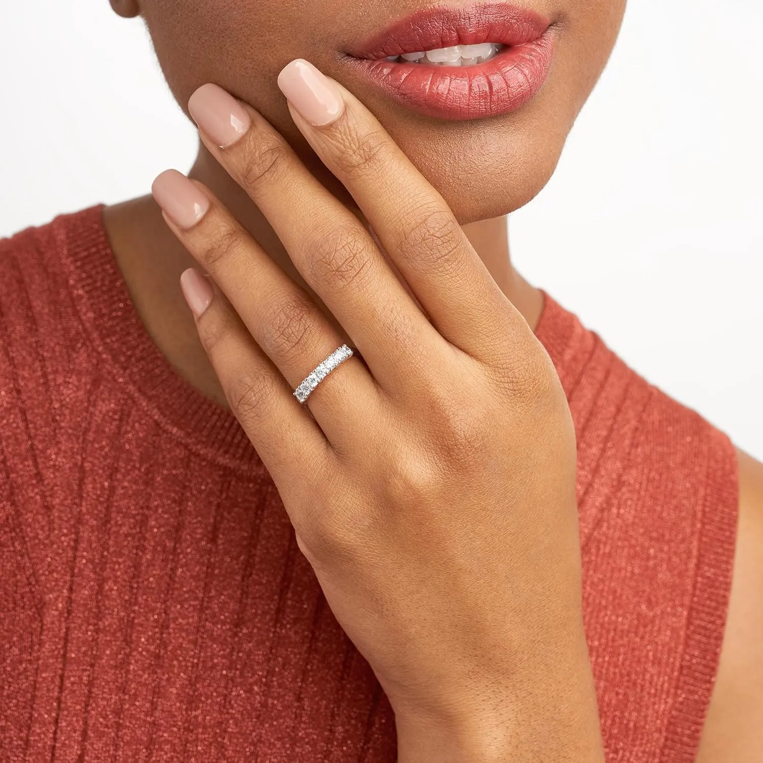 MORGAN & PAIGE .925 Sterling Silver Wedding Bands for Women, Cubic Zirconia Ring Stackable Round 7 Stone Prong Setting - Platinum, Yellow Gold or Rose Gold Plated Wedding Rings for Women Size 6-9