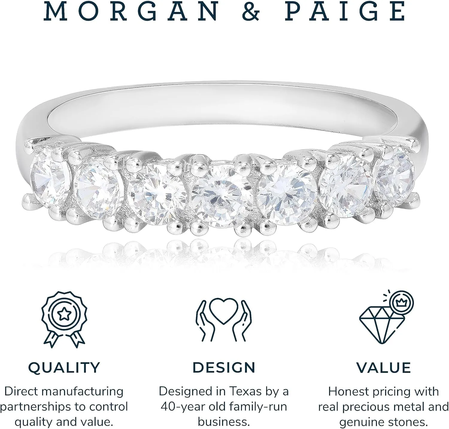 MORGAN & PAIGE .925 Sterling Silver Wedding Bands for Women, Cubic Zirconia Ring Stackable Round 7 Stone Prong Setting - Platinum, Yellow Gold or Rose Gold Plated Wedding Rings for Women Size 6-9