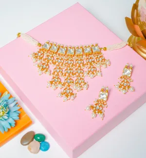 Multilayer Pearl White Kundan Choker with Earrings (Necklace and Earrings Set)
