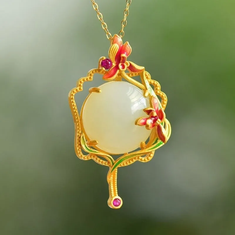 Natural Hetian Jade Enamel Porcelain Flower Pendant