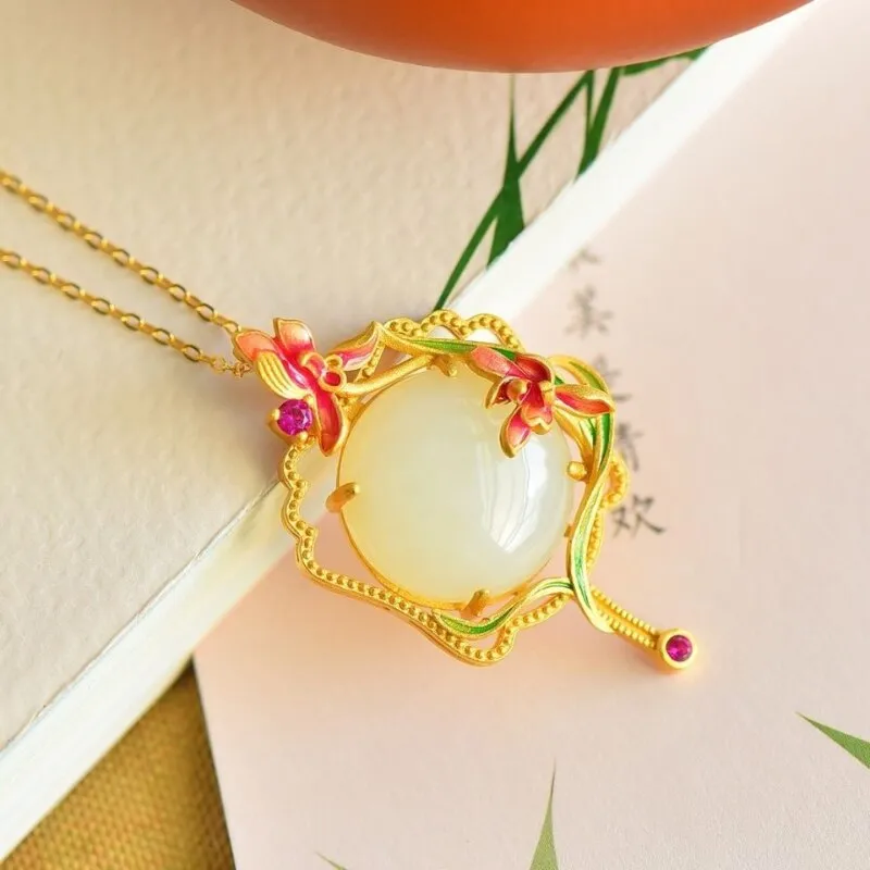 Natural Hetian Jade Enamel Porcelain Flower Pendant