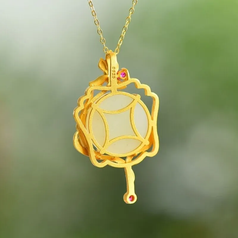 Natural Hetian Jade Enamel Porcelain Flower Pendant