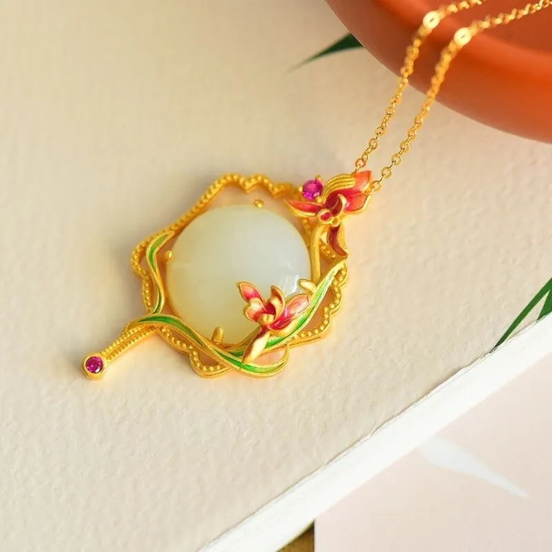 Natural Hetian Jade Enamel Porcelain Flower Pendant