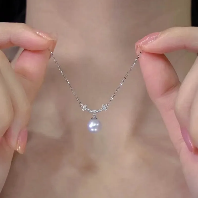 New Arrival Round Imitation Pearl Pendant Necklace with Dazzling CZ Stone Exquisite Women