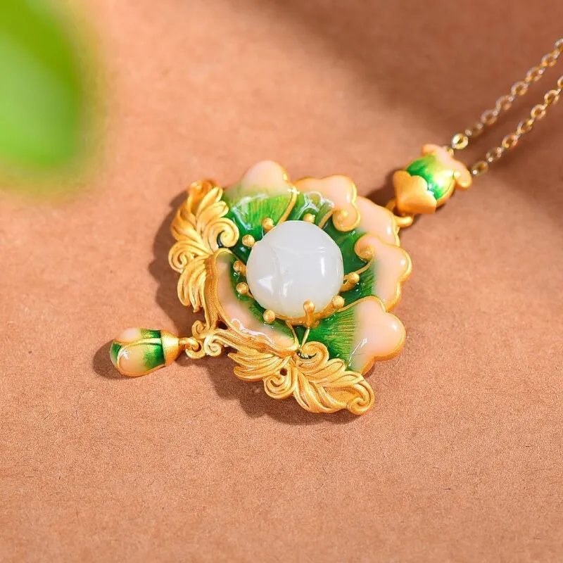 New natural Hetian jade enamel porcelain lotus pendant choker necklace