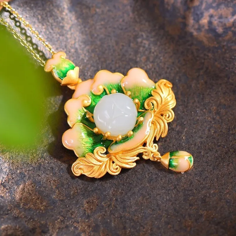 New natural Hetian jade enamel porcelain lotus pendant choker necklace