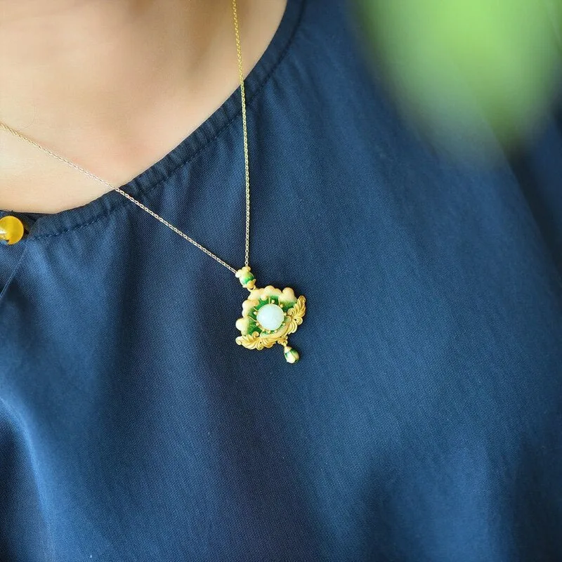 New natural Hetian jade enamel porcelain lotus pendant choker necklace