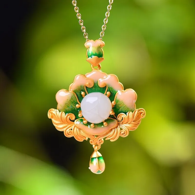 New natural Hetian jade enamel porcelain lotus pendant choker necklace