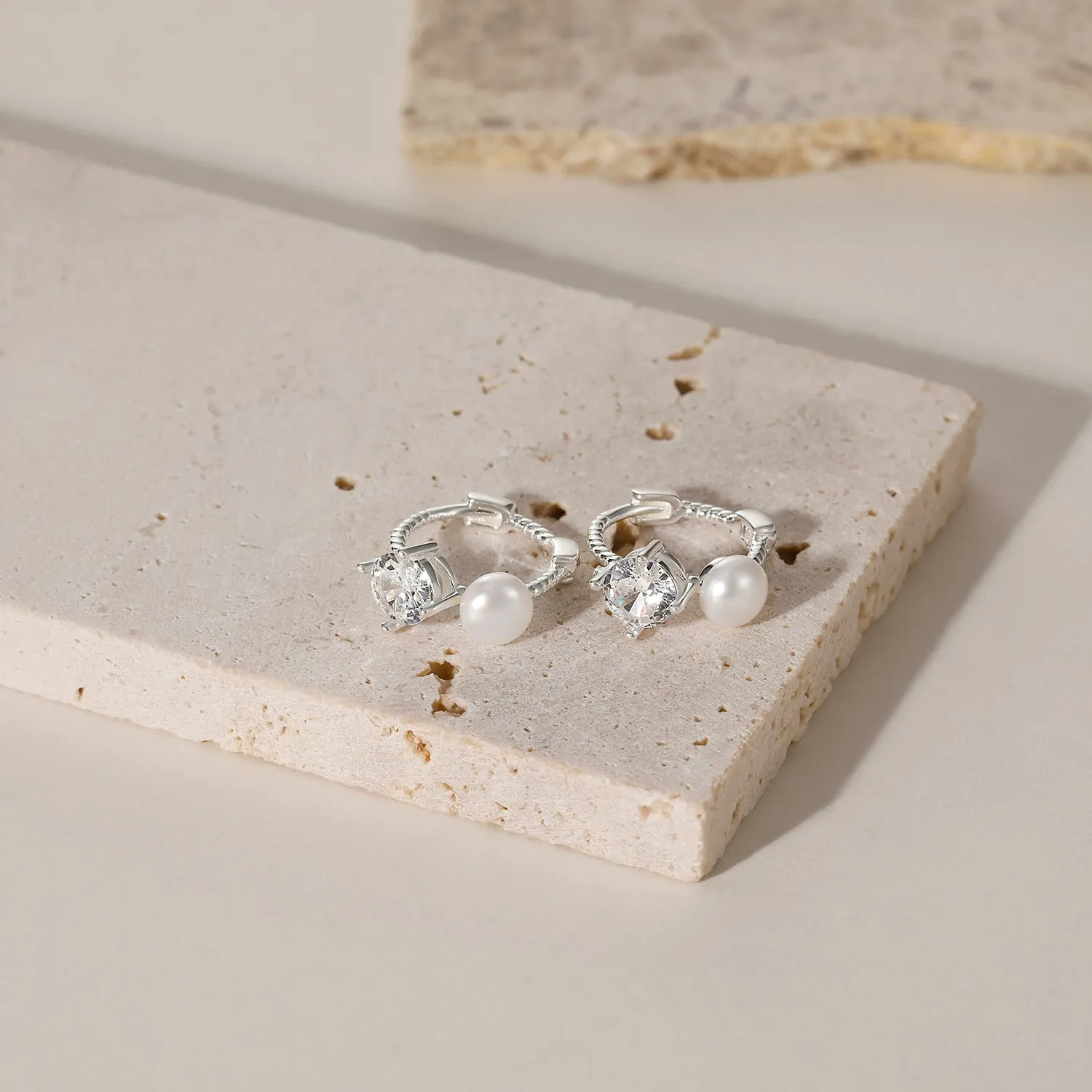 Pearl CZ Huggies Earring in Sterling Silver