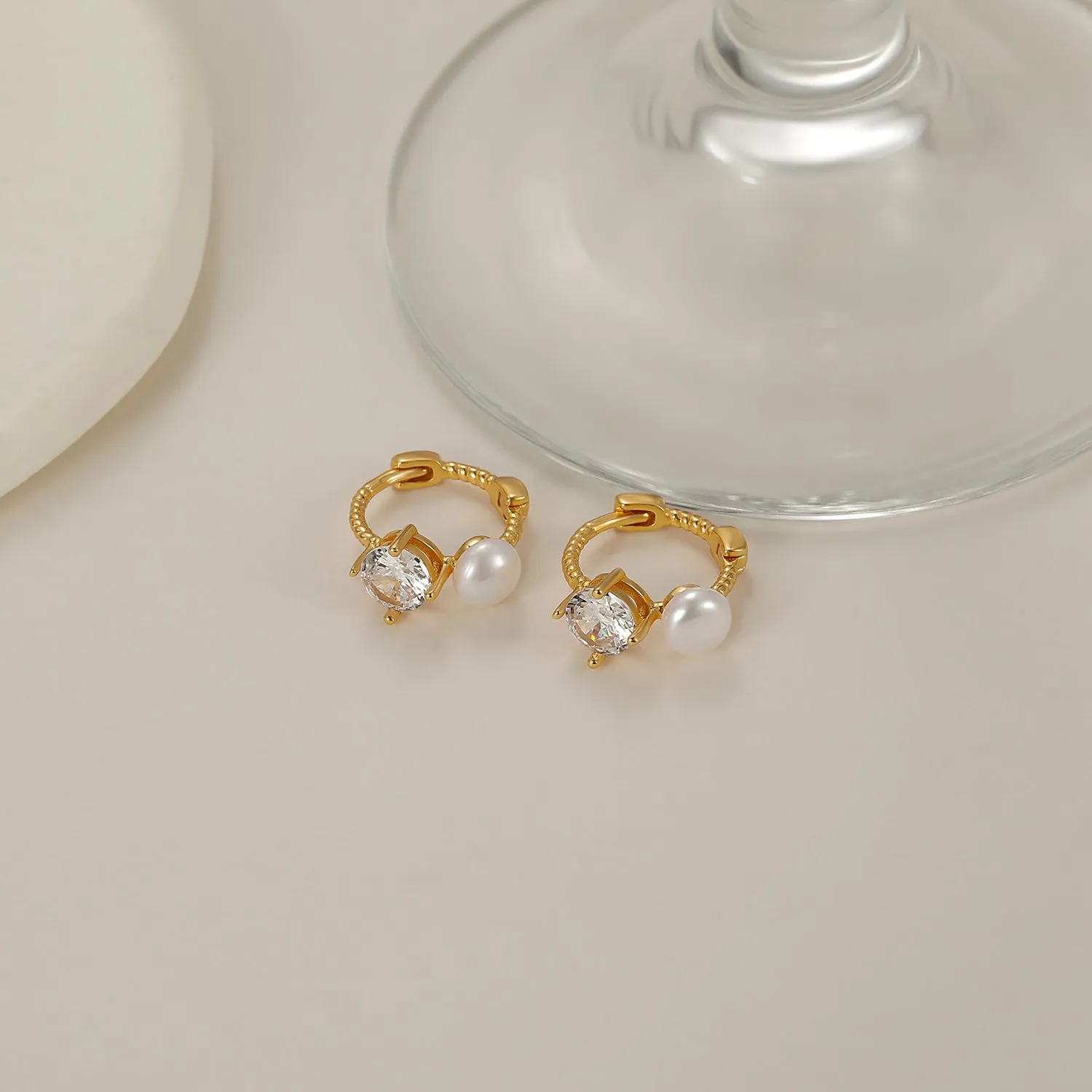 Pearl CZ Huggies Earring in Sterling Silver
