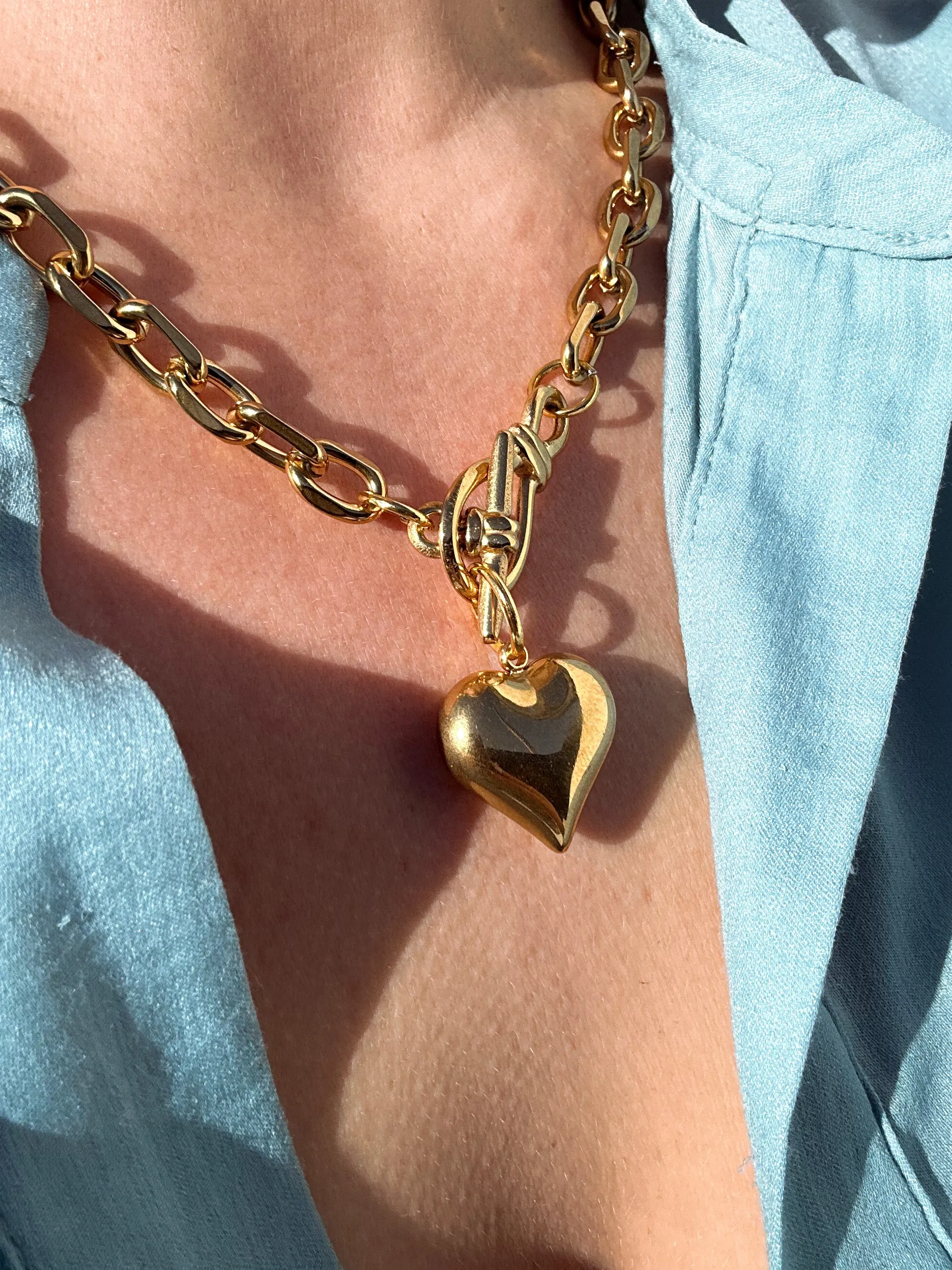 Puff Heart Gold Plated Toggle Necklace