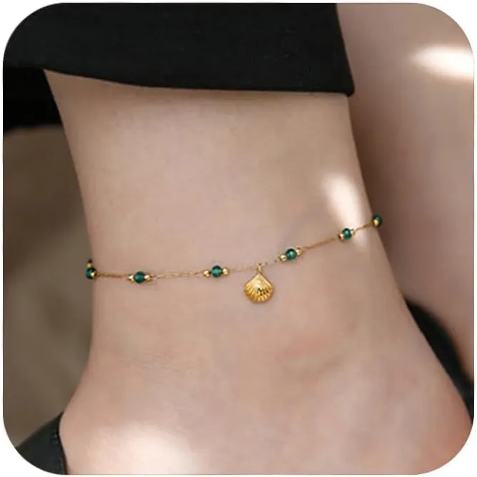 QWALIT Gold Anklets for Women Waterproof Women's Anklets Gold Plated Bracelets for Women Anklet Bracelet Round Disc Beads Starfish Shell