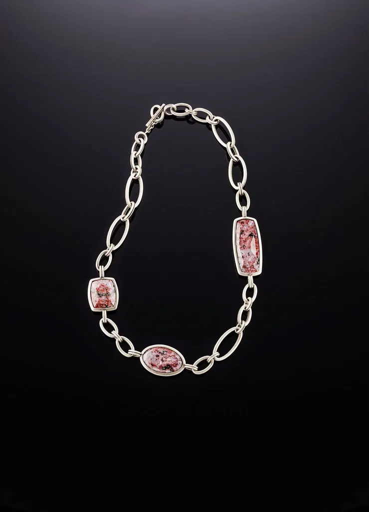 Red Jasper Chain Link Necklace, White Brass