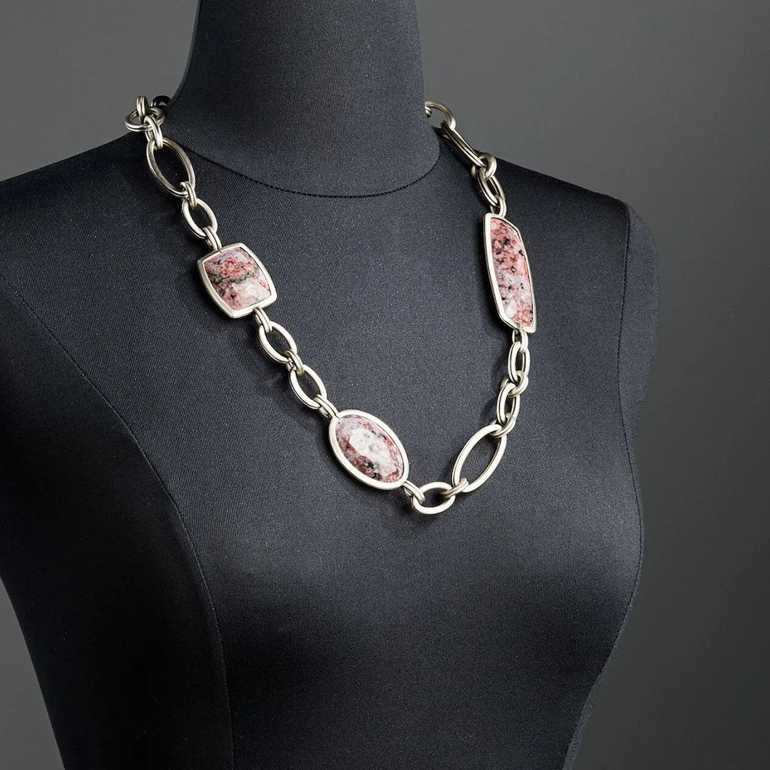 Red Jasper Chain Link Necklace, White Brass
