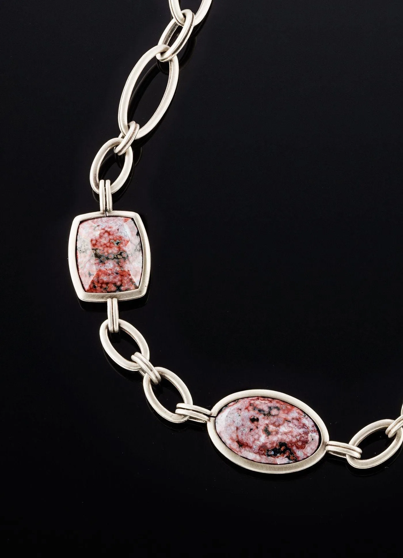 Red Jasper Chain Link Necklace, White Brass