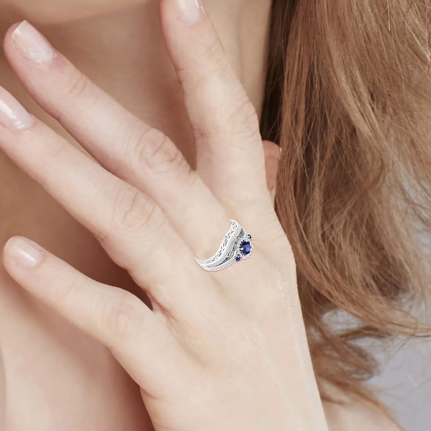 Ring 925 Sterling Silver Platinum Plated Elegant Round Shape Cut 0.5Carats Cubic Zirconia Solitaire 4mm Created Blue Sapphire Gemstone Engagement Wedding Layered Band Jewelry Accessory