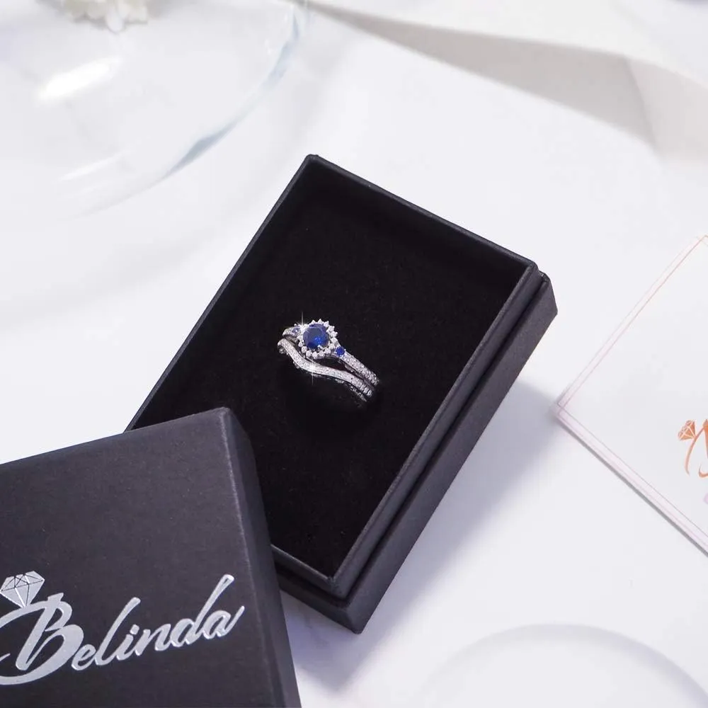 Ring 925 Sterling Silver Platinum Plated Elegant Round Shape Cut 0.5Carats Cubic Zirconia Solitaire 4mm Created Blue Sapphire Gemstone Engagement Wedding Layered Band Jewelry Accessory