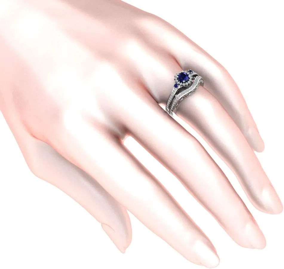 Ring 925 Sterling Silver Platinum Plated Elegant Round Shape Cut 0.5Carats Cubic Zirconia Solitaire 4mm Created Blue Sapphire Gemstone Engagement Wedding Layered Band Jewelry Accessory