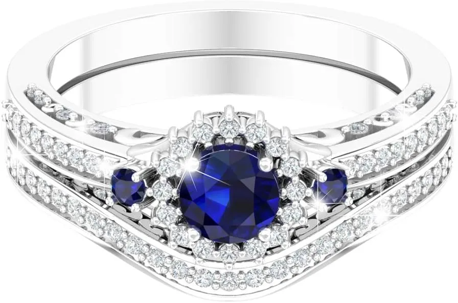 Ring 925 Sterling Silver Platinum Plated Elegant Round Shape Cut 0.5Carats Cubic Zirconia Solitaire 4mm Created Blue Sapphire Gemstone Engagement Wedding Layered Band Jewelry Accessory