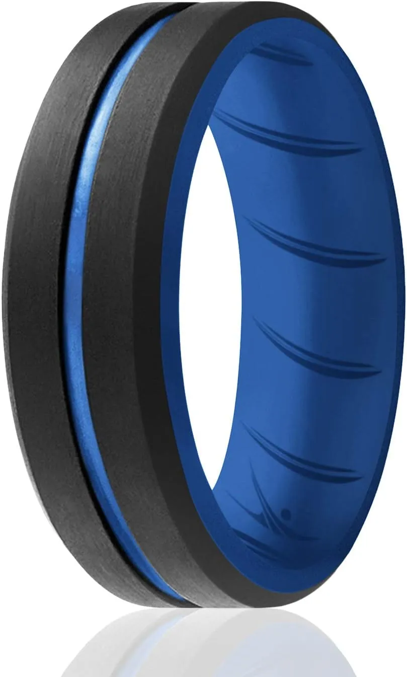 ROQ Silicone Rubber Wedding Ring for Men, Men's Wedding Band, Breathable Rubber Engagement Band, 2 Thin & Middle Lines, Beveled Edge & Engraved Duo, Multi Colors