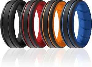 ROQ Silicone Rubber Wedding Ring for Men, Men's Wedding Band, Breathable Rubber Engagement Band, 2 Thin & Middle Lines, Beveled Edge & Engraved Duo, Multi Colors