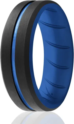 ROQ Silicone Rubber Wedding Ring for Men, Men's Wedding Band, Breathable Rubber Engagement Band, 2 Thin & Middle Lines, Beveled Edge & Engraved Duo, Multi Colors
