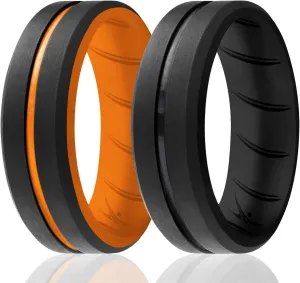 ROQ Silicone Rubber Wedding Ring for Men, Men's Wedding Band, Breathable Rubber Engagement Band, 2 Thin & Middle Lines, Beveled Edge & Engraved Duo, Multi Colors