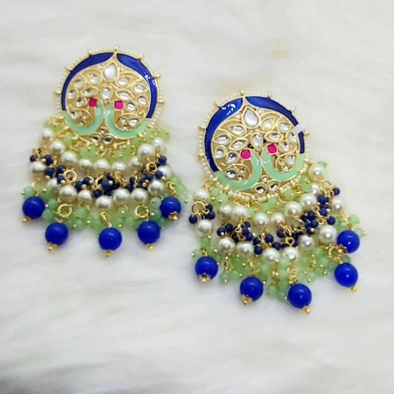ROUND GOLDPLATED HANDMADE MEENA KUNDAN EARRINGS