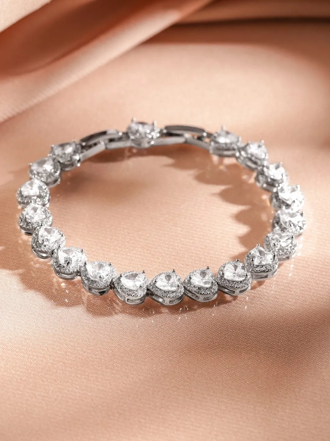 Rubans Rhodium-Plated AAA Cubic Zirconia Studded Heart Tennis Bracelet Elegant & Timeless Design