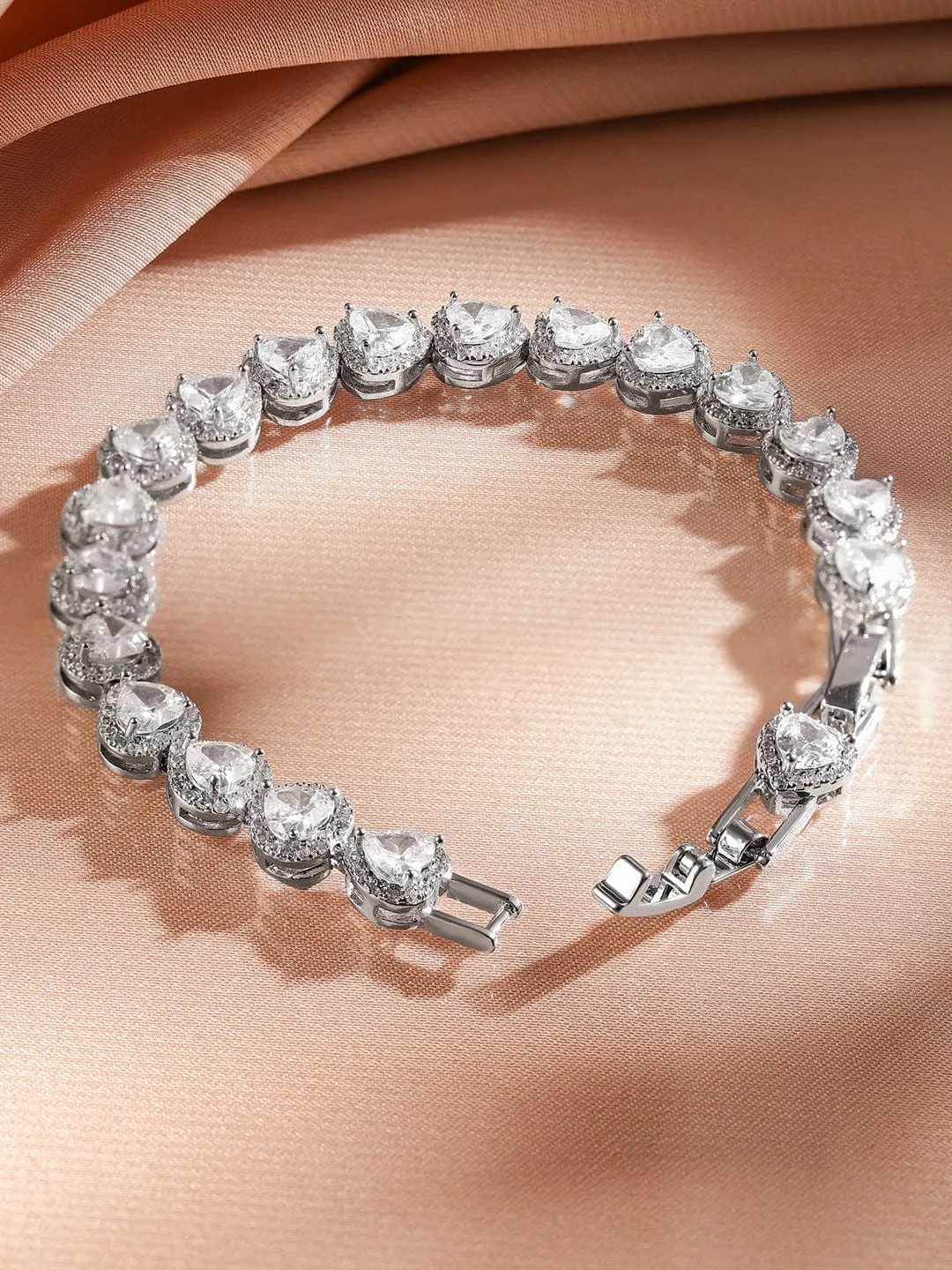Rubans Rhodium-Plated AAA Cubic Zirconia Studded Heart Tennis Bracelet Elegant & Timeless Design