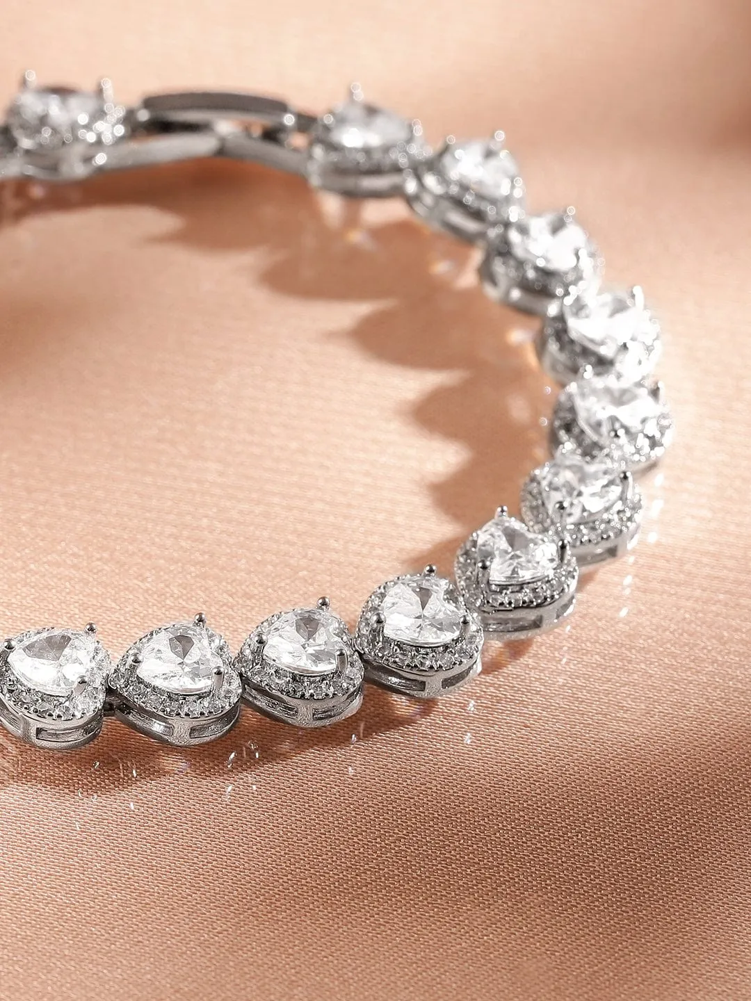 Rubans Rhodium-Plated AAA Cubic Zirconia Studded Heart Tennis Bracelet Elegant & Timeless Design
