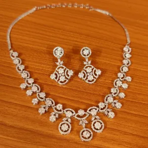 SILVER PLATED CZ STUDDED CLUSTER SETTING NECKLACE SET