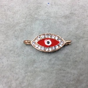Small Red Enameled Rose Gold Plated Copper Rhinestone Inlaid Evil Eye Shaped Focal Connector - Measuring 10mm x 18mm, Approximately