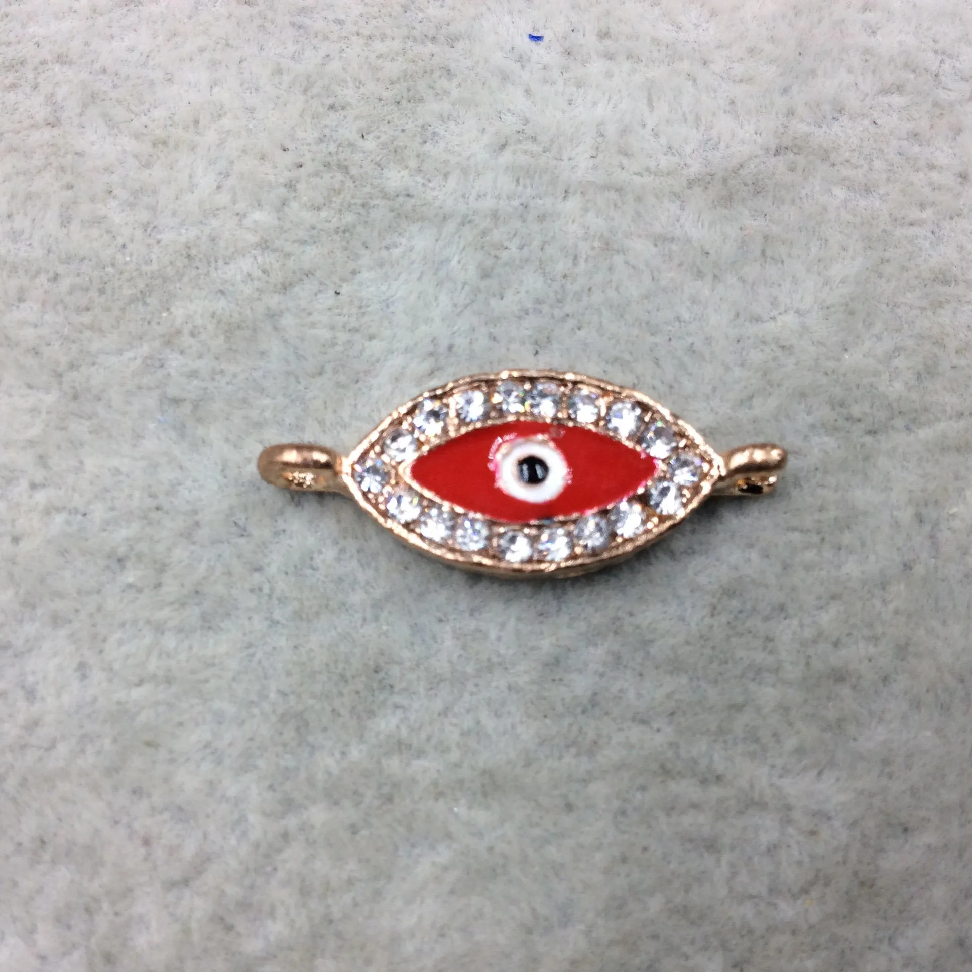 Small Red Enameled Rose Gold Plated Copper Rhinestone Inlaid Evil Eye Shaped Focal Connector - Measuring 10mm x 18mm, Approximately