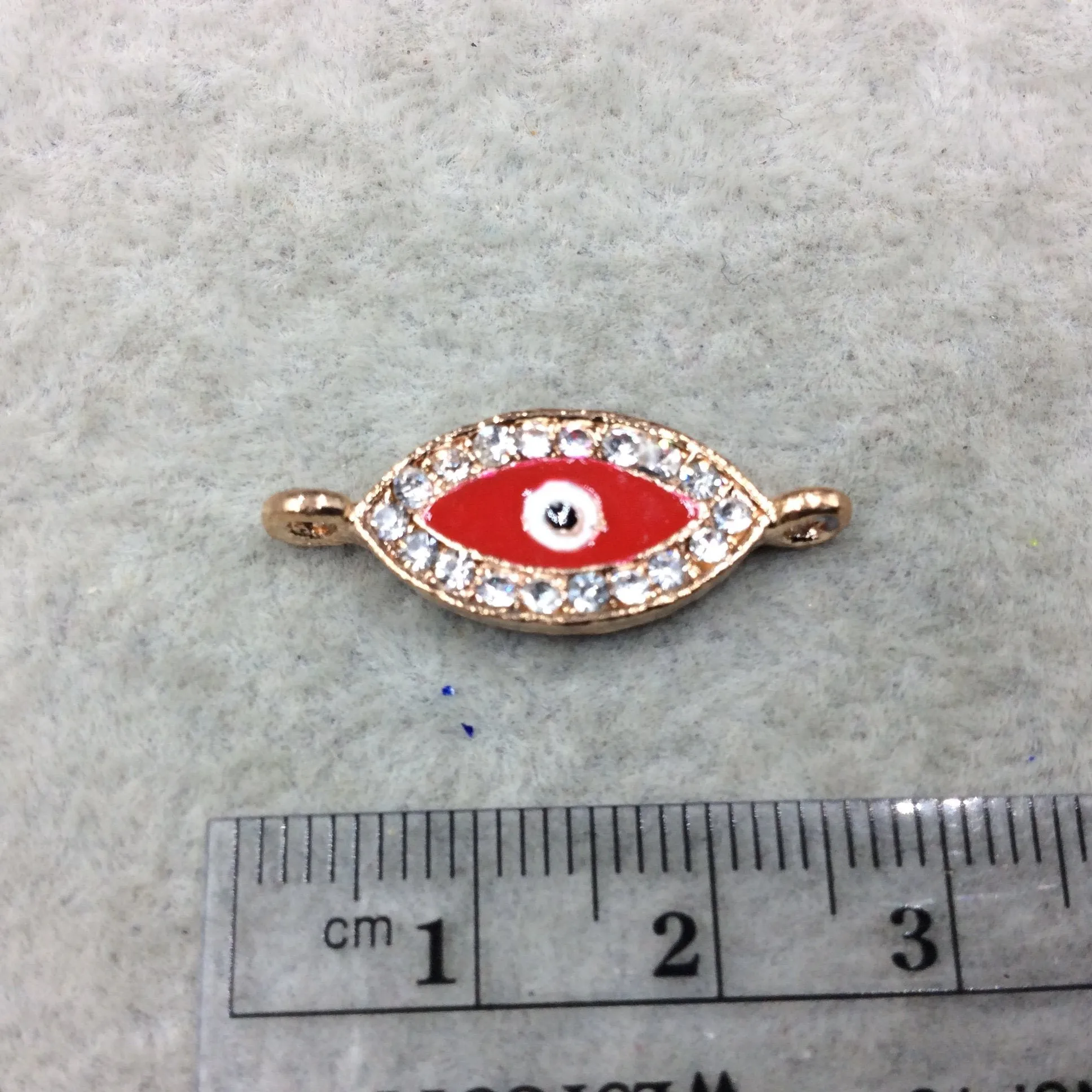 Small Red Enameled Rose Gold Plated Copper Rhinestone Inlaid Evil Eye Shaped Focal Connector - Measuring 10mm x 18mm, Approximately
