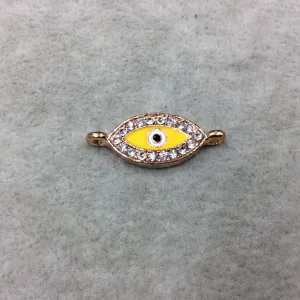 Small Yellow Enameled Rose Gold Plated Copper Rhinestone Inlaid Evil Eye Shaped Focal Connector - Measuring 10mm x 18mm, Approximately