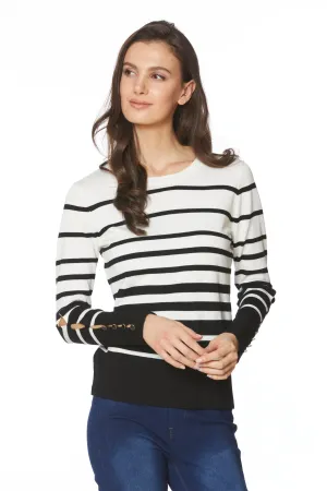Spense Women's Variegated Stripe Sweater with Button Detail and Cut Outs Accents -Snow White/Black