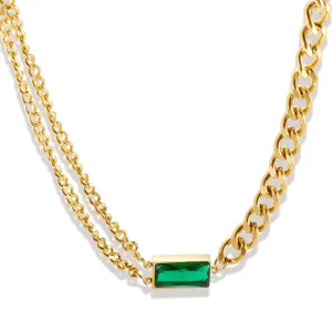 Stainless Steel Fashion Link Chain Necklace Exquisite Green Zircon Crystal Charm Necklace Jewelry