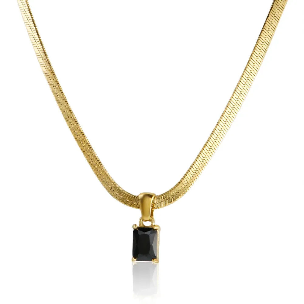 Stainless Steel Fashion Link Chain Necklace Exquisite Green Zircon Crystal Charm Necklace Jewelry