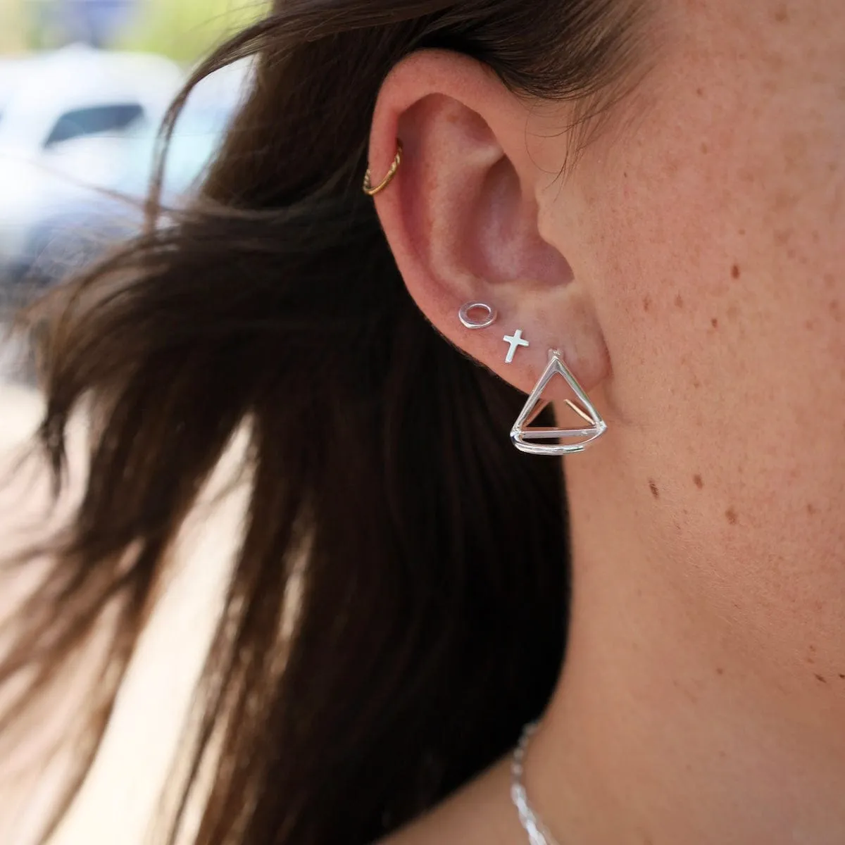 Sterling Silver 3D Triangle Earrings