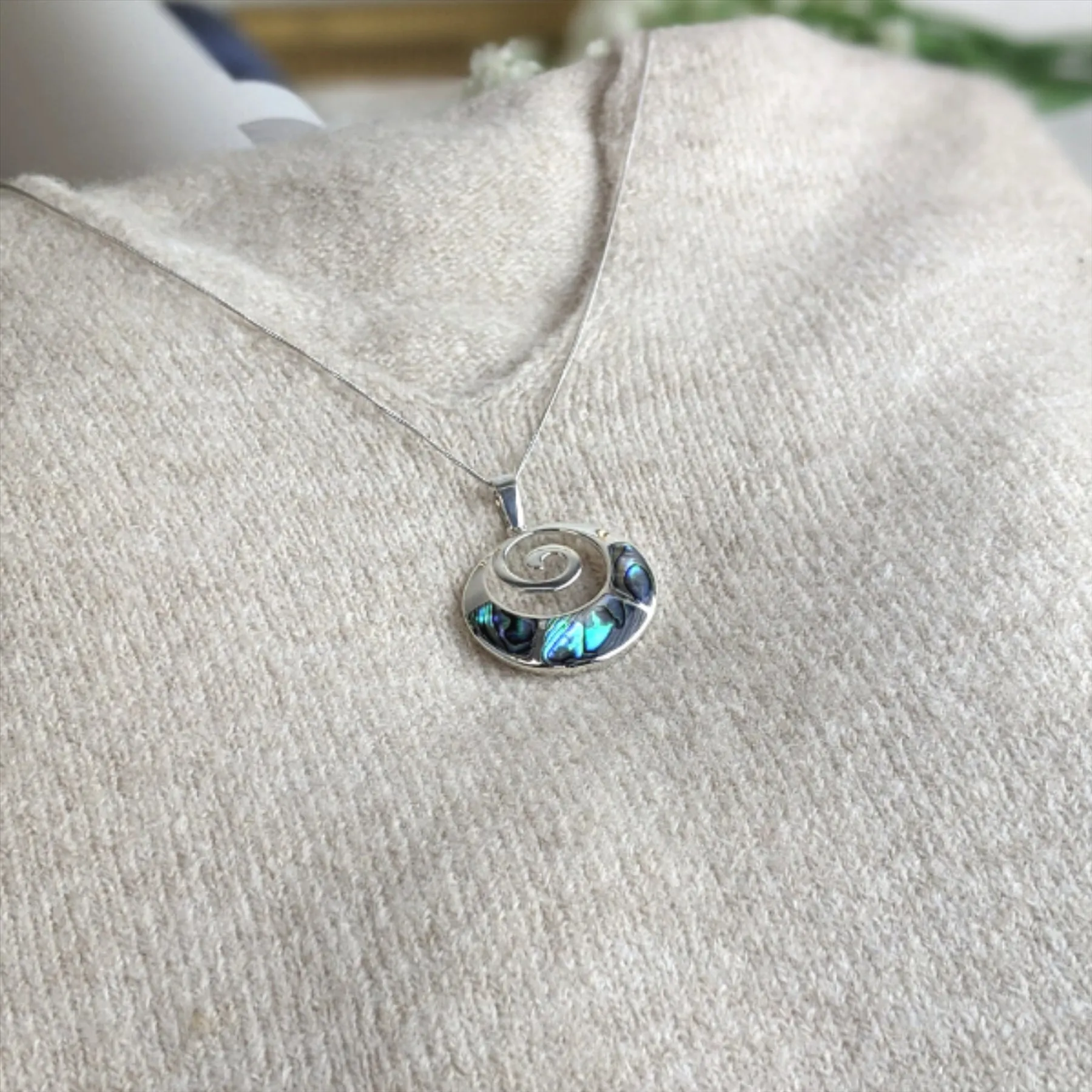 Sterling Silver Abalone Modern Large Round Spiral Pendant Necklace