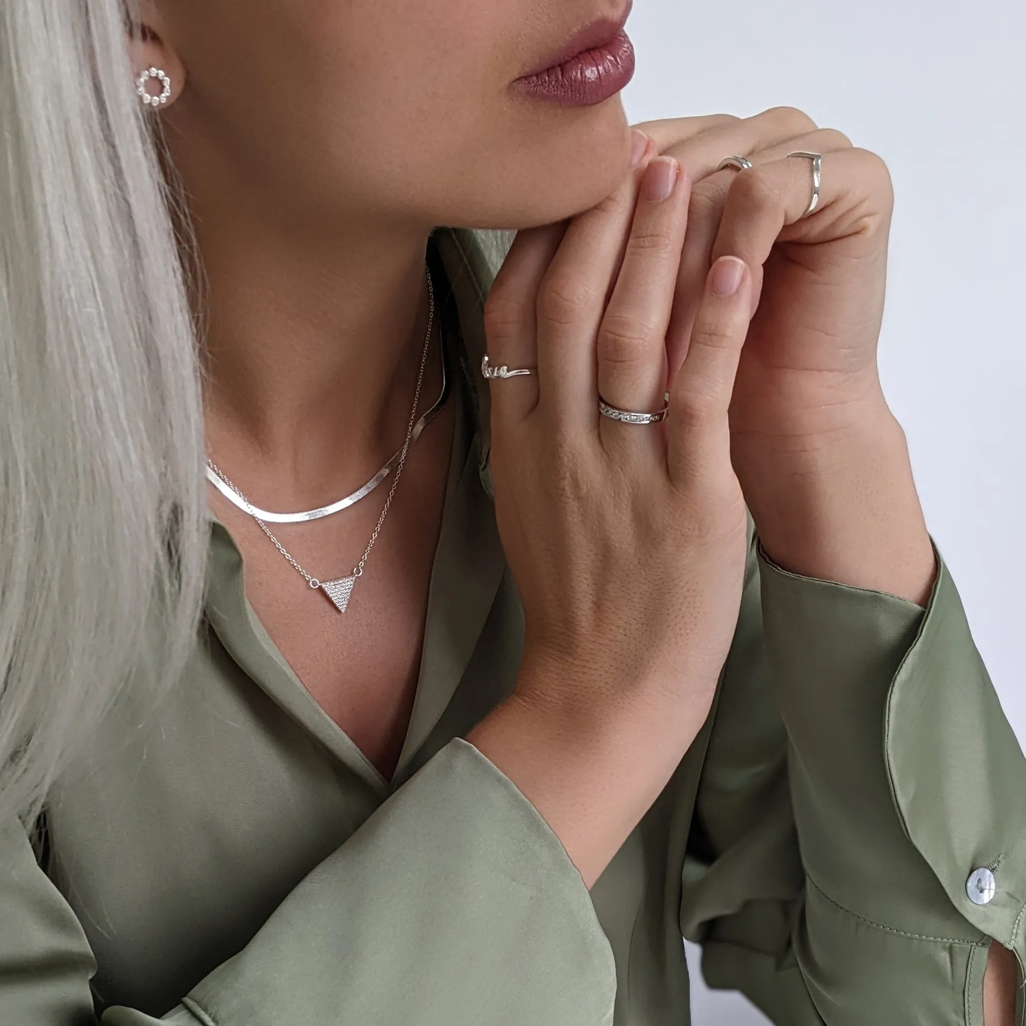 Sterling Silver Cubic Zirconia Triangle Necklace Geometric Pendant